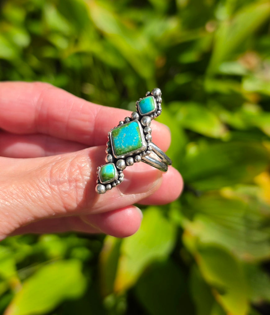 Sonoran Gold Turquoise Statement Ring in Solid Sterling Silver with Split Shand Band. Size 7