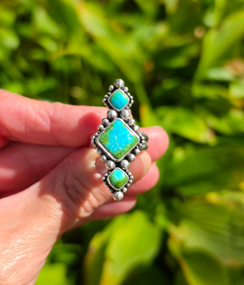 Sonoran Gold Turquoise Statement Ring in Solid Sterling Silver with Split Shand Band. Size 7