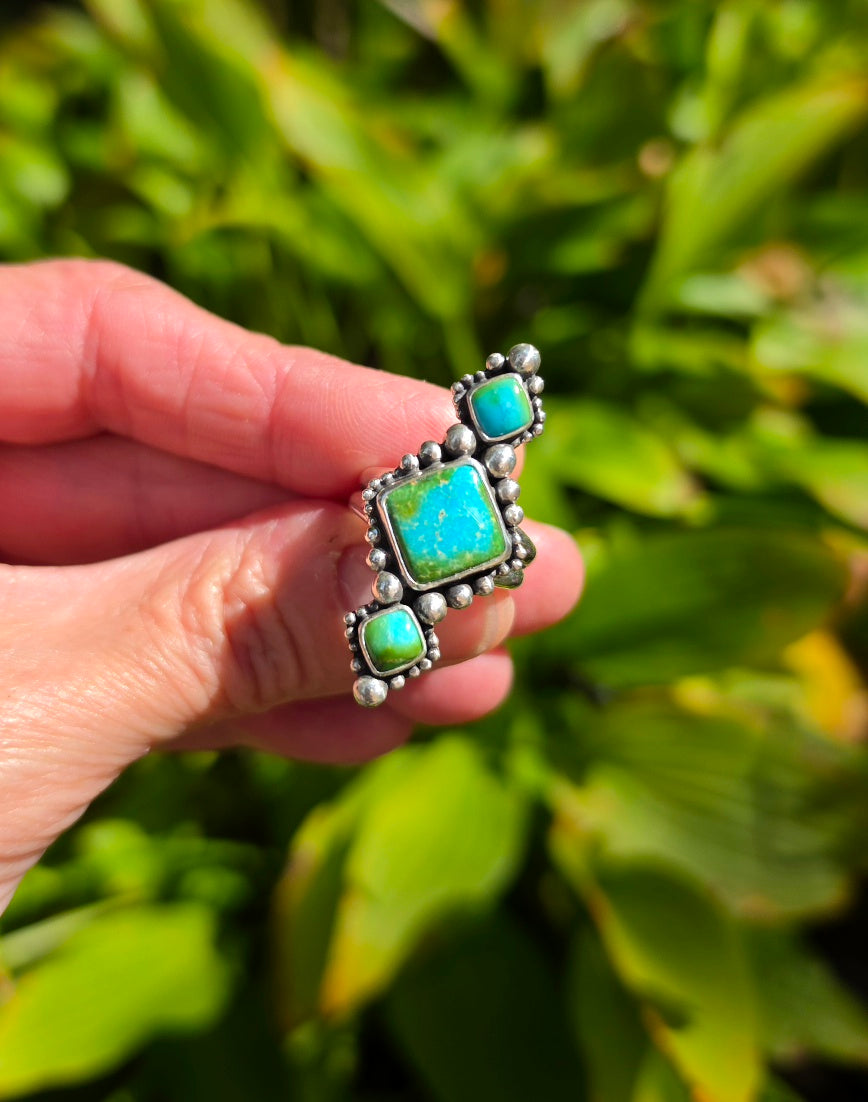 Sonoran Gold Turquoise Statement Ring in Solid Sterling Silver with Split Shand Band. Size 7