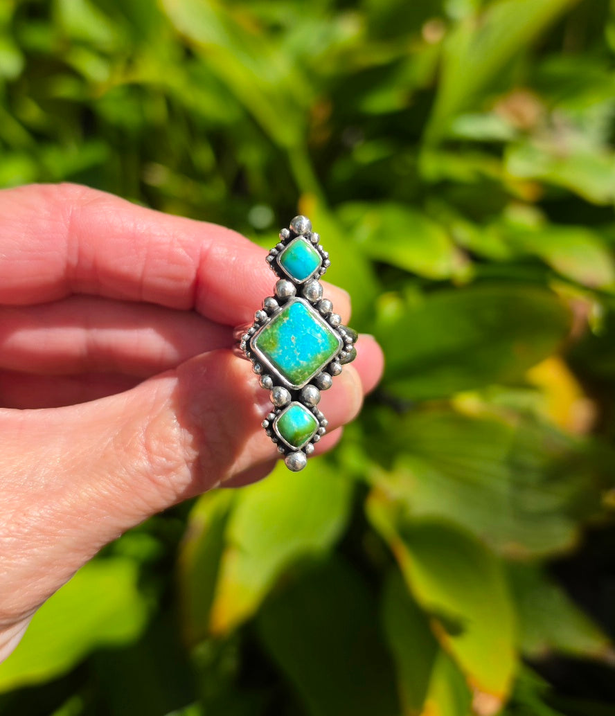 Sonoran Gold Turquoise Statement Ring in Solid Sterling Silver with Split Shand Band. Size 7