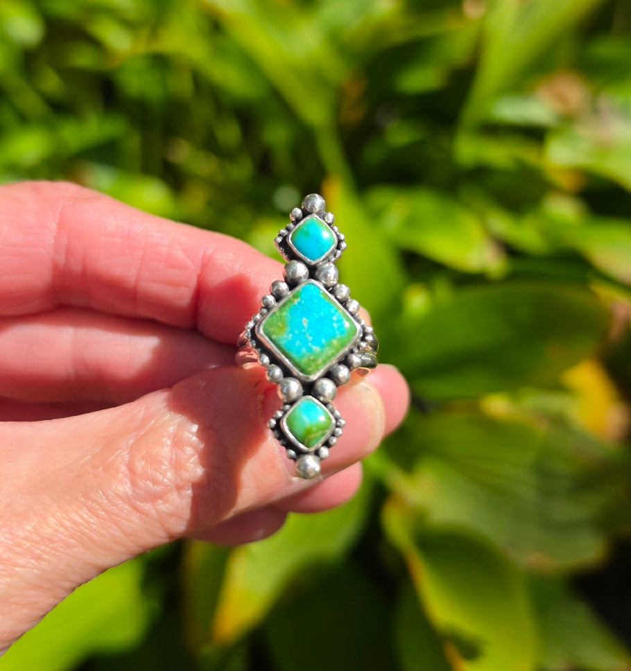 Sonoran Gold Turquoise Statement Ring in Solid Sterling Silver with Split Shand Band. Size 7