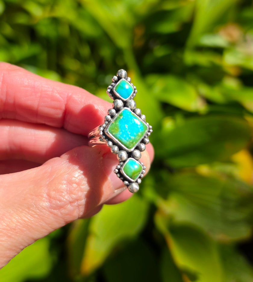 Sonoran Gold Turquoise Statement Ring in Solid Sterling Silver with Split Shand Band. Size 7