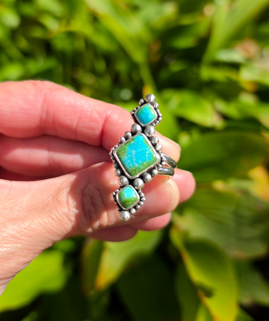 Sonoran Gold Turquoise Statement Ring in Solid Sterling Silver with Split Shand Band. Size 7