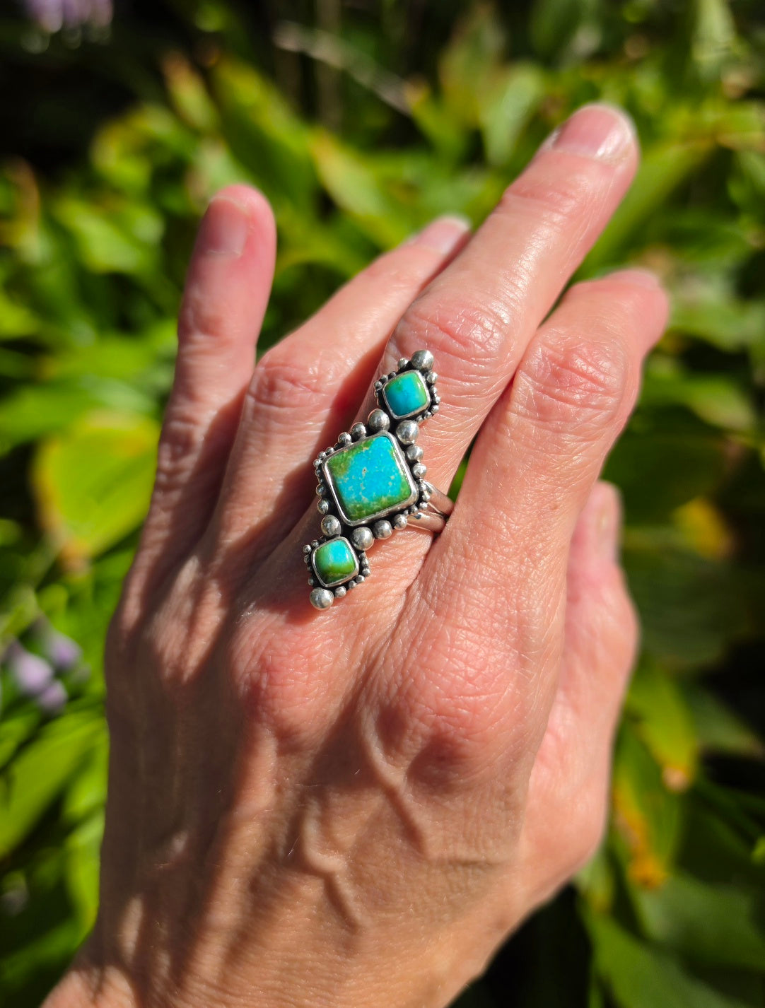 Sonoran Gold Turquoise Statement Ring in Solid Sterling Silver with Split Shand Band. Size 7