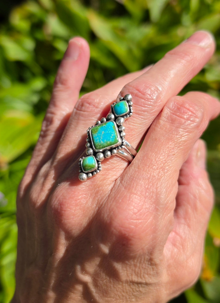 Sonoran Gold Turquoise Statement Ring in Solid Sterling Silver with Split Shand Band. Size 7