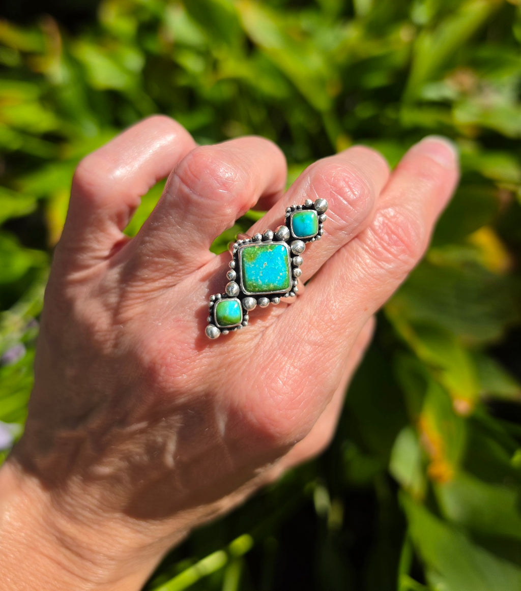 Sonoran Gold Turquoise Statement Ring in Solid Sterling Silver with Split Shand Band. Size 7