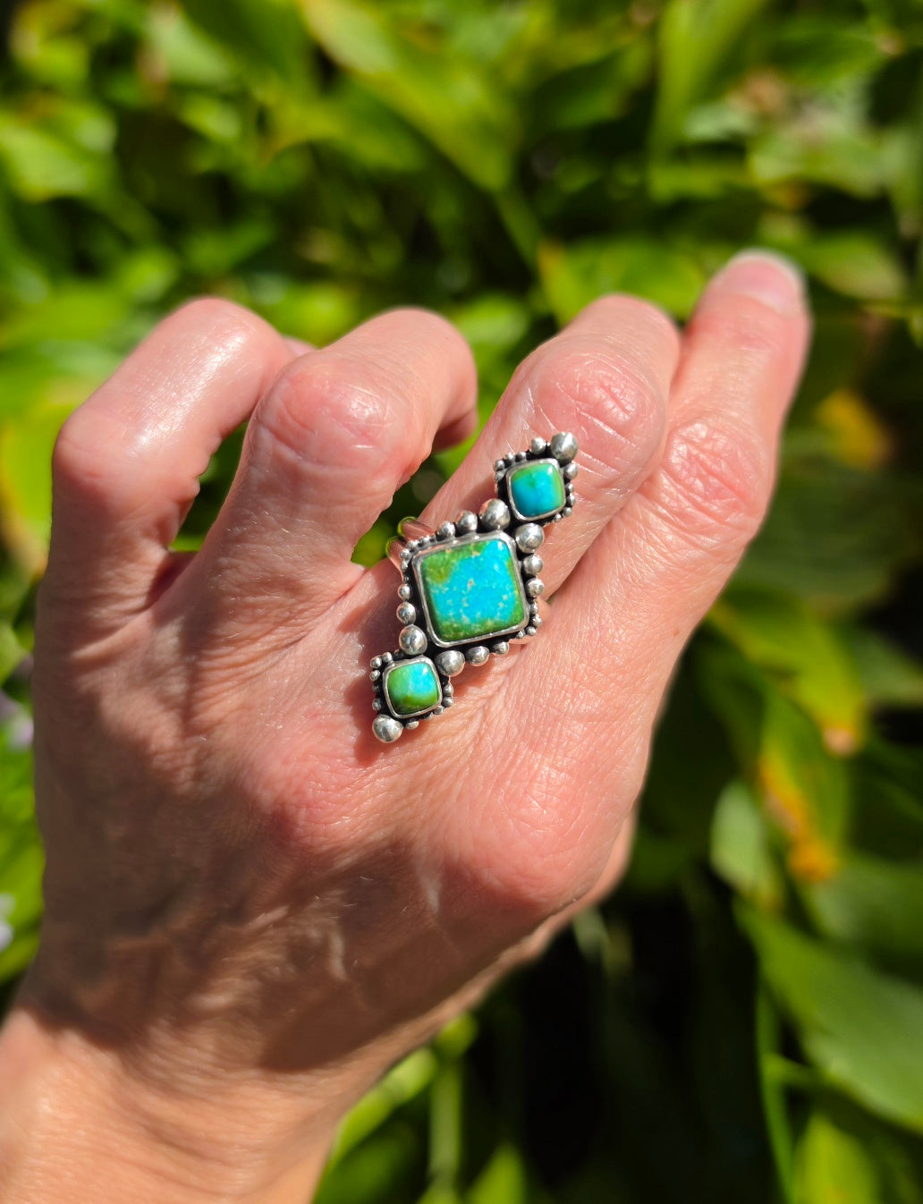 Sonoran Gold Turquoise Statement Ring in Solid Sterling Silver with Split Shand Band. Size 7
