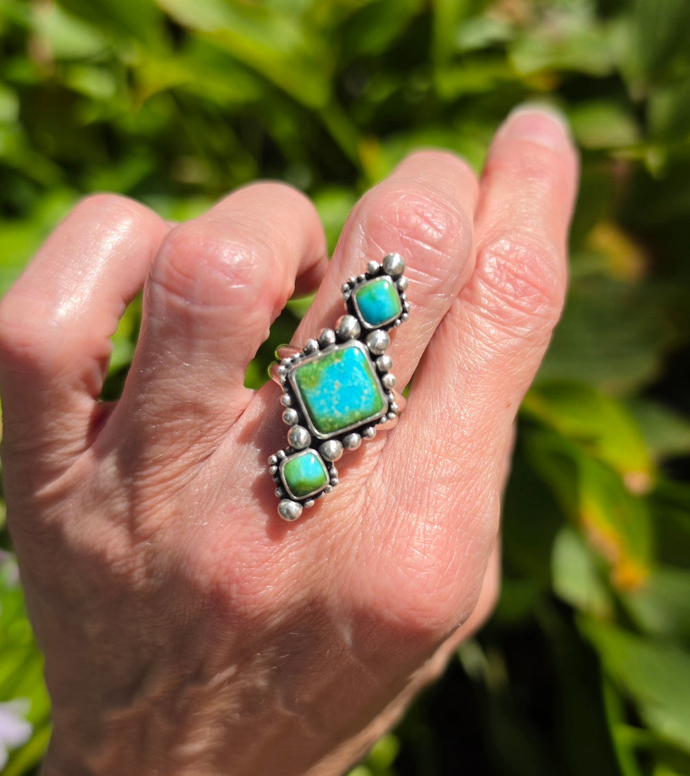 Sonoran Gold Turquoise Statement Ring in Solid Sterling Silver with Split Shand Band. Size 7