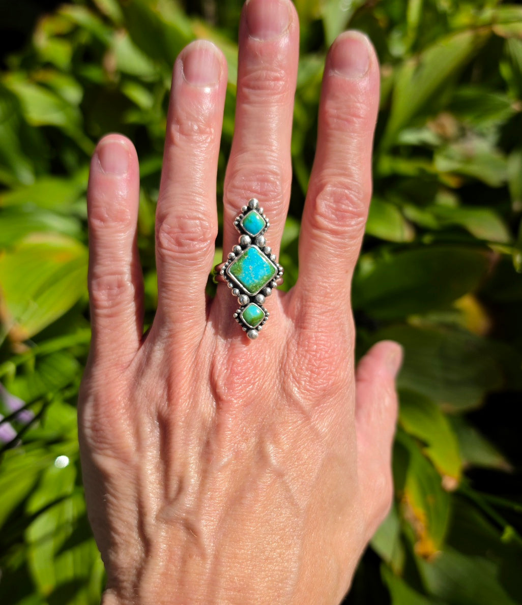 Sonoran Gold Turquoise Statement Ring in Solid Sterling Silver with Split Shand Band. Size 7