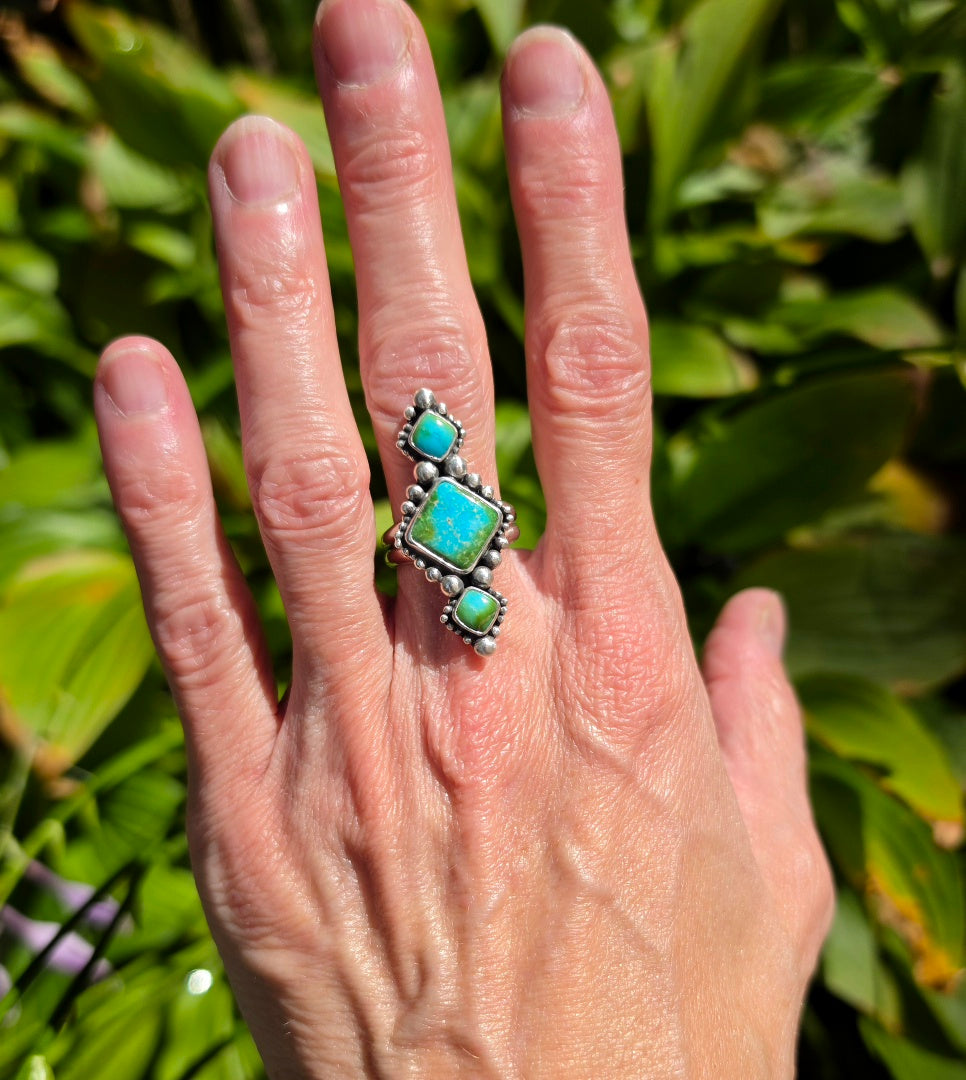 Sonoran Gold Turquoise Statement Ring in Solid Sterling Silver with Split Shand Band. Size 7