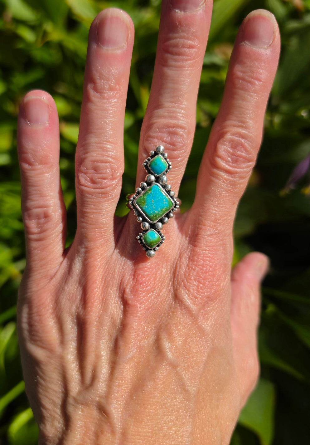 Sonoran Gold Turquoise Statement Ring in Solid Sterling Silver with Split Shand Band. Size 7