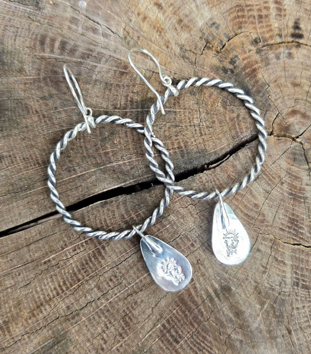 Sleeping Beauty Turquoise Rope Hoop Dangle Earrings in Solid Sterling Silver