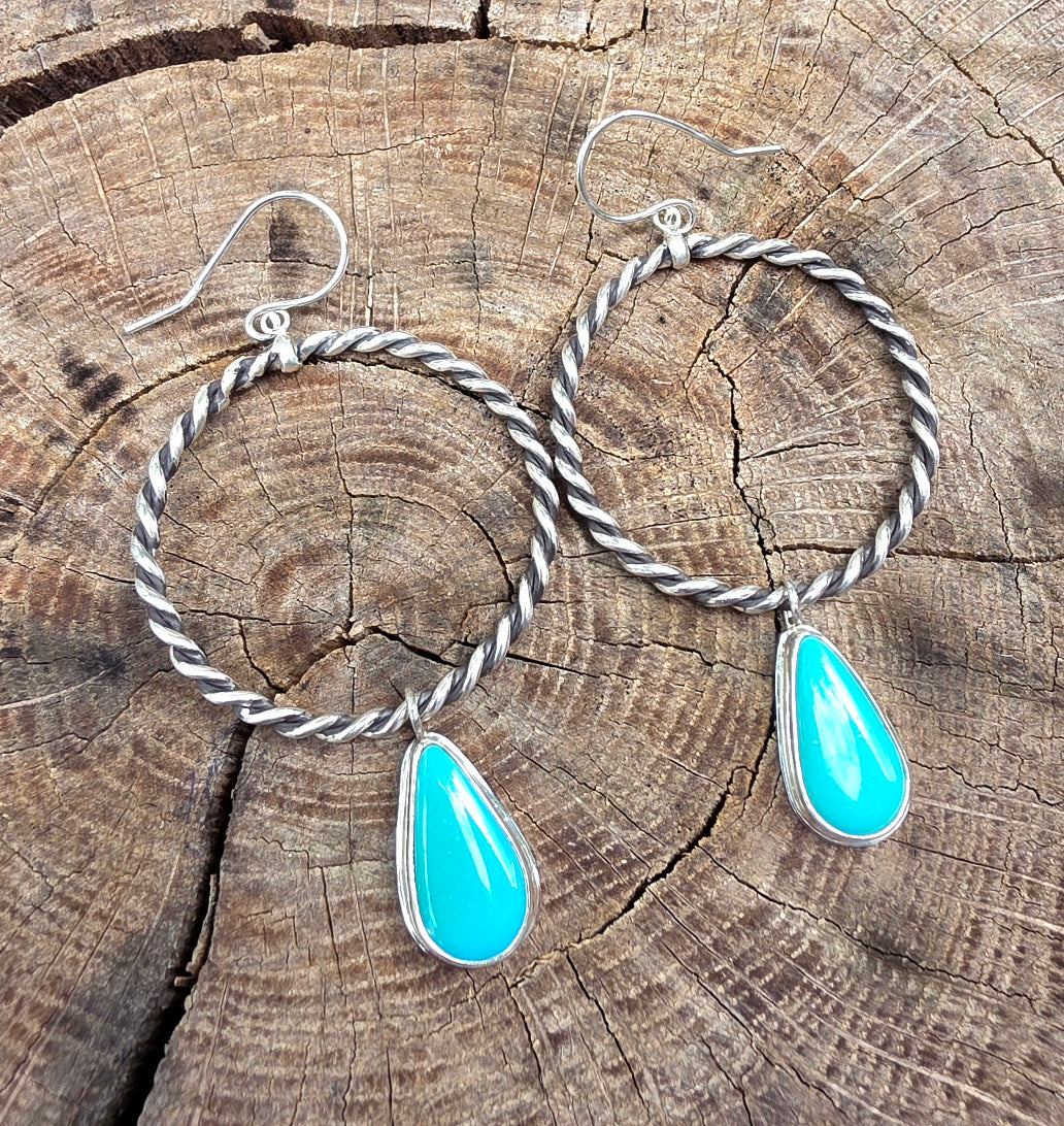Sleeping Beauty Turquoise Rope Hoop Dangle Earrings in Solid Sterling Silver