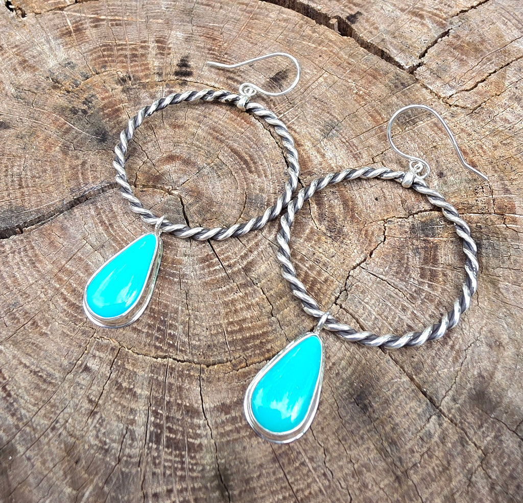 Sleeping Beauty Turquoise Rope Hoop Dangle Earrings in Solid Sterling Silver