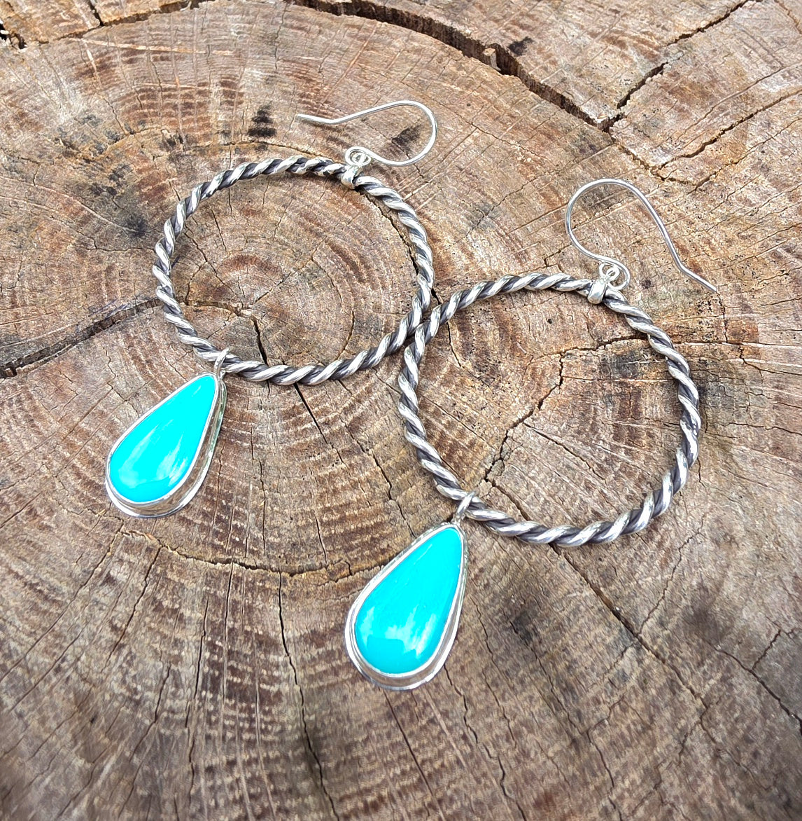 Sleeping Beauty Turquoise Rope Hoop Dangle Earrings in Solid Sterling Silver