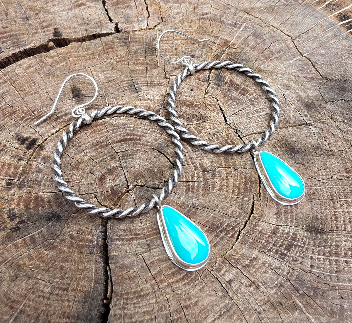 Sleeping Beauty Turquoise Rope Hoop Dangle Earrings in Solid Sterling Silver