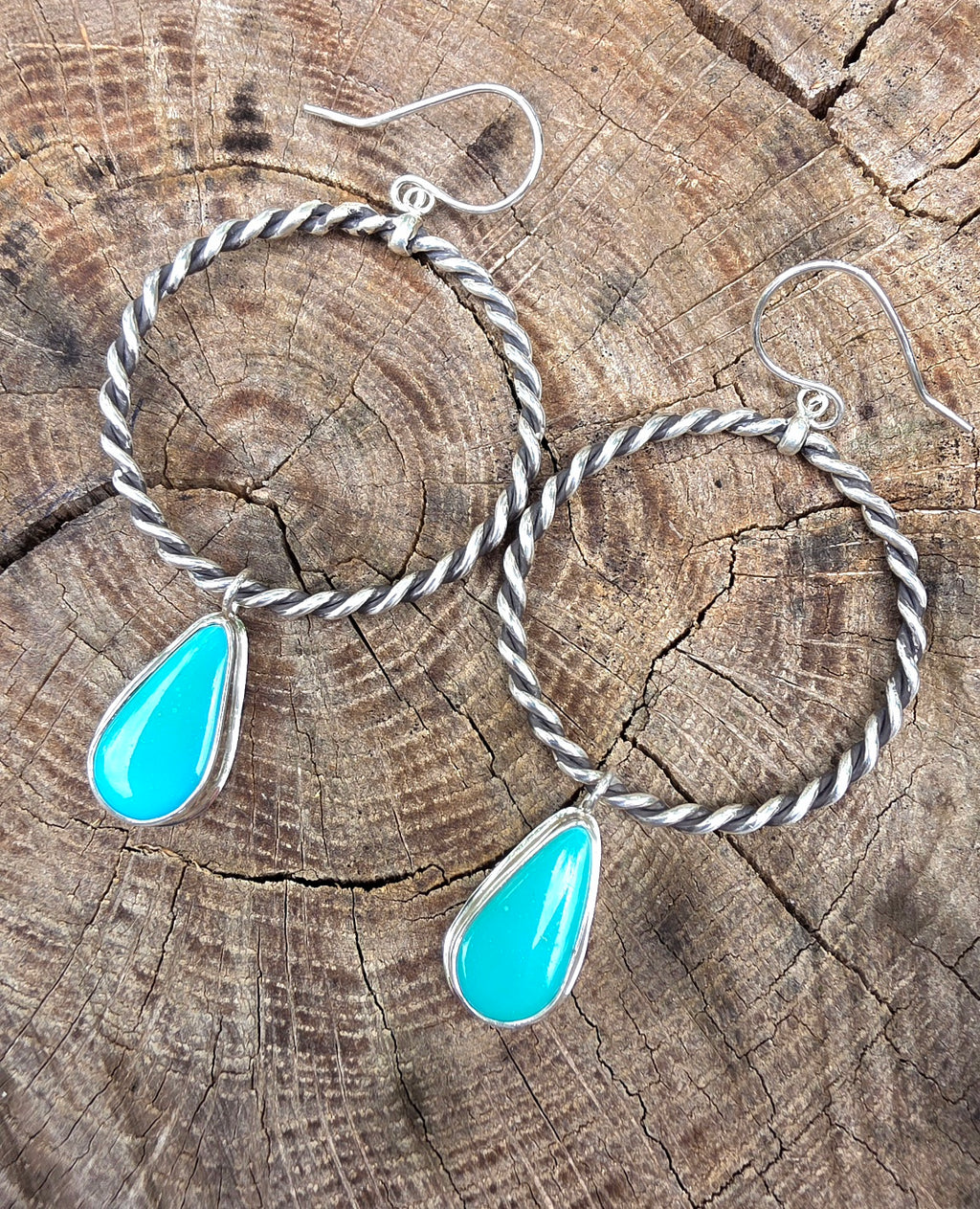 Sleeping Beauty Turquoise Rope Hoop Dangle Earrings in Solid Sterling Silver