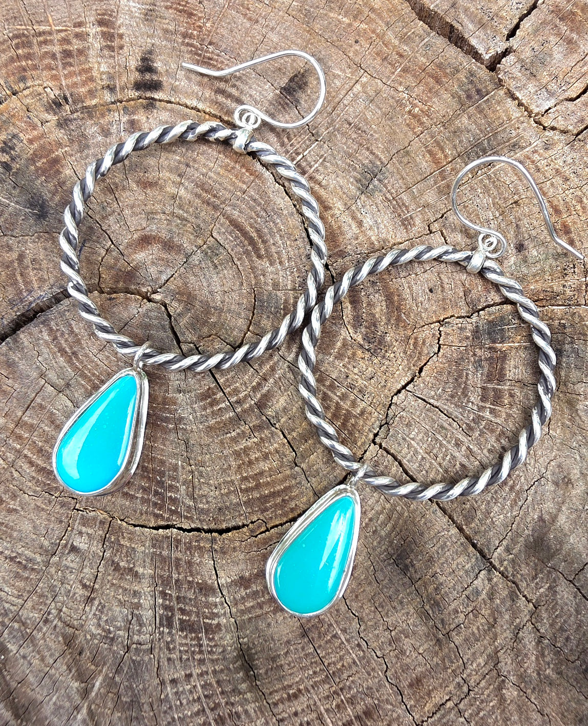 Sleeping Beauty Turquoise Rope Hoop Dangle Earrings in Solid Sterling Silver