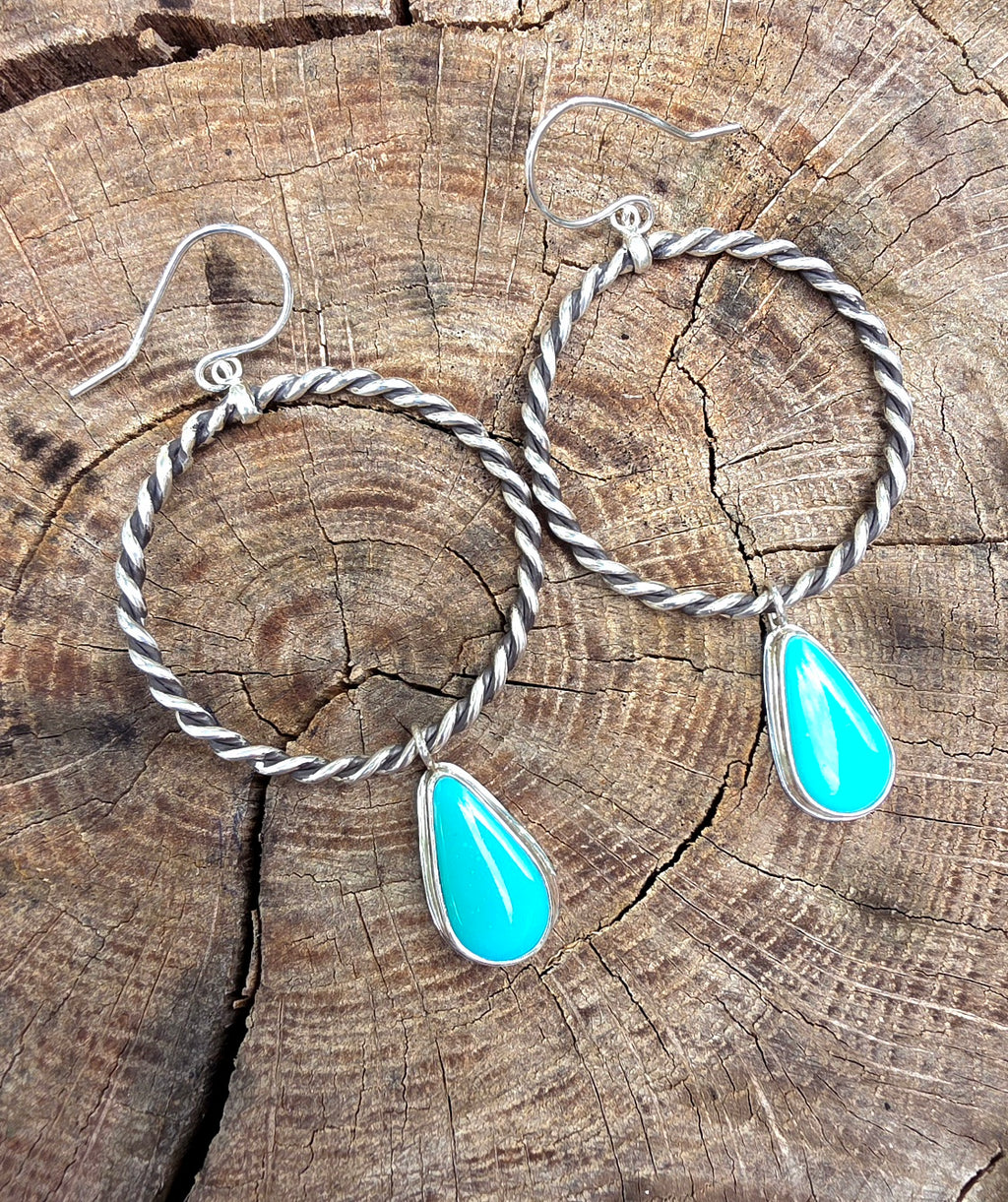 Sleeping Beauty Turquoise Rope Hoop Dangle Earrings in Solid Sterling Silver
