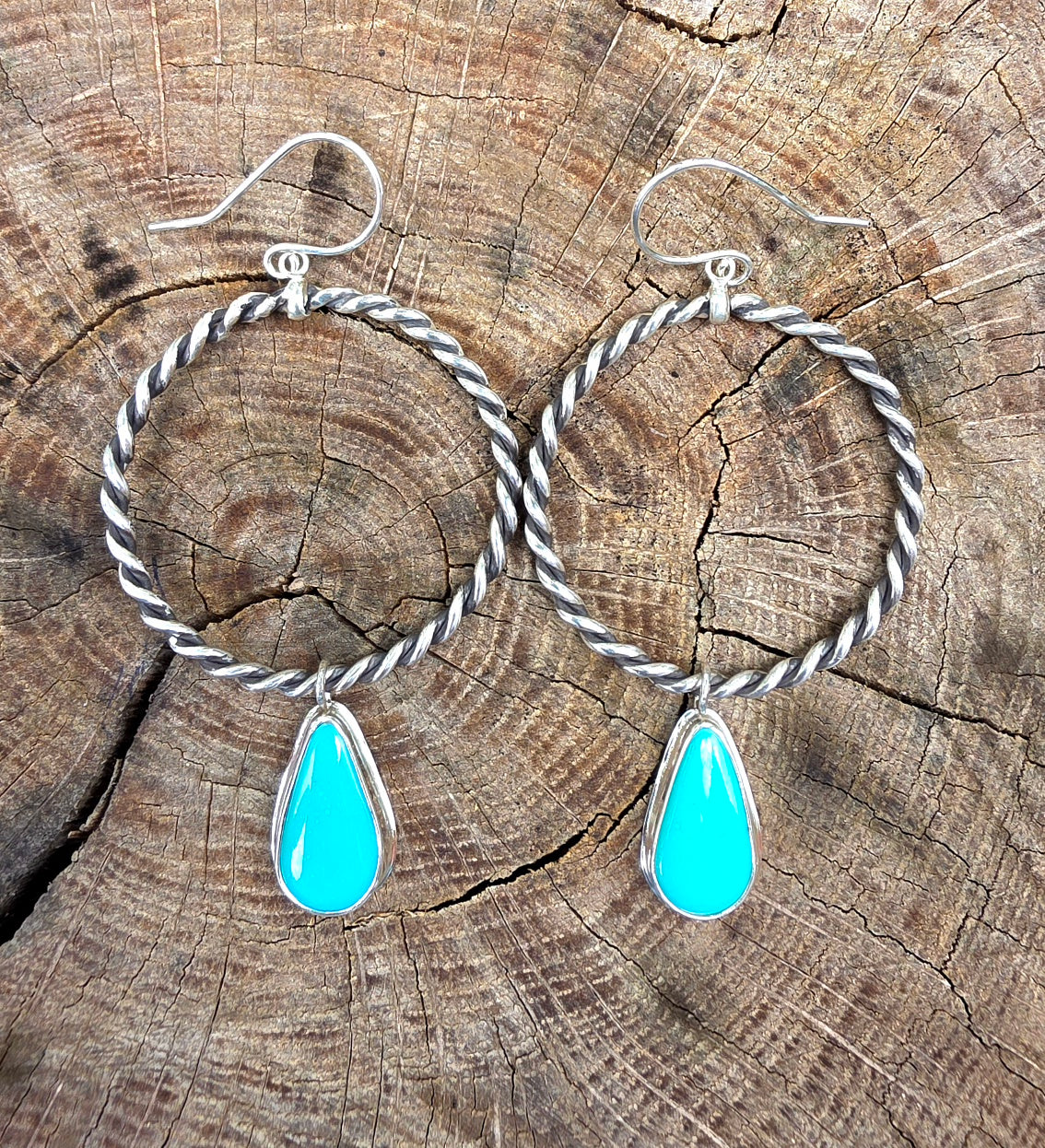 Sleeping Beauty Turquoise Rope Hoop Dangle Earrings in Solid Sterling Silver