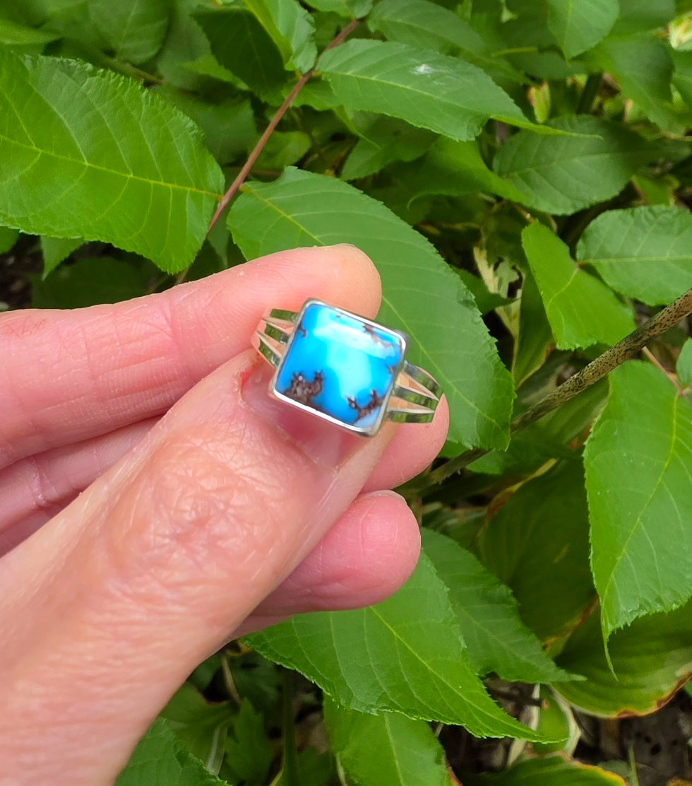 Golden Hills Turquoise Square Ring Triple Split Shank in Solid Sterling Silver. Size 9