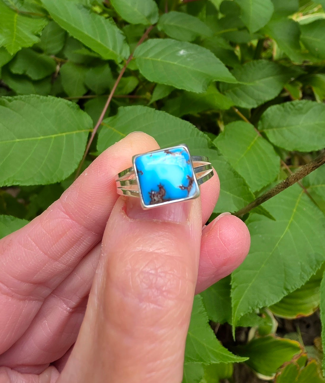 Golden Hills Turquoise Square Ring Triple Split Shank in Solid Sterling Silver. Size 9