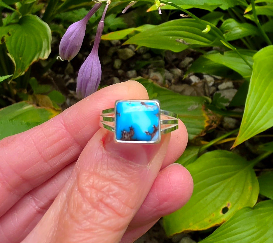 Golden Hills Turquoise Square Ring Triple Split Shank in Solid Sterling Silver. Size 9