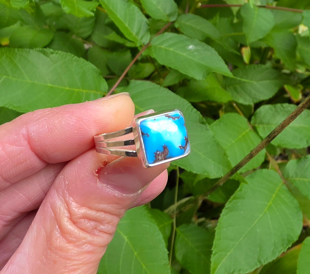 Golden Hills Turquoise Square Ring Triple Split Shank in Solid Sterling Silver. Size 9