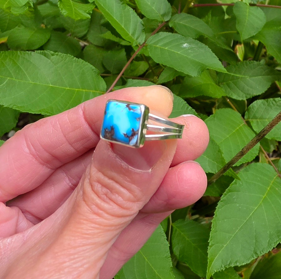 Golden Hills Turquoise Square Ring Triple Split Shank in Solid Sterling Silver. Size 9