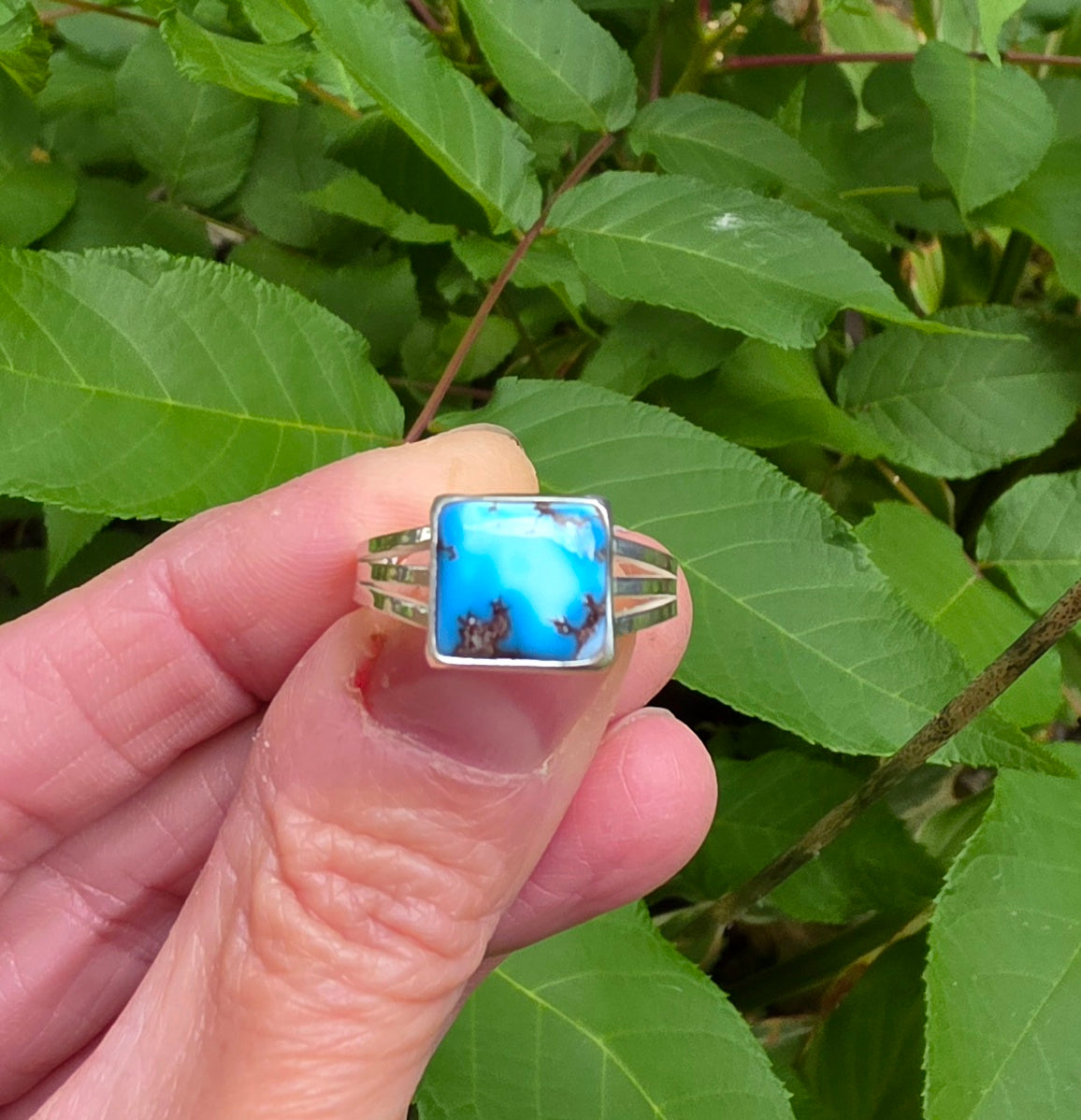 Golden Hills Turquoise Square Ring Triple Split Shank in Solid Sterling Silver. Size 9
