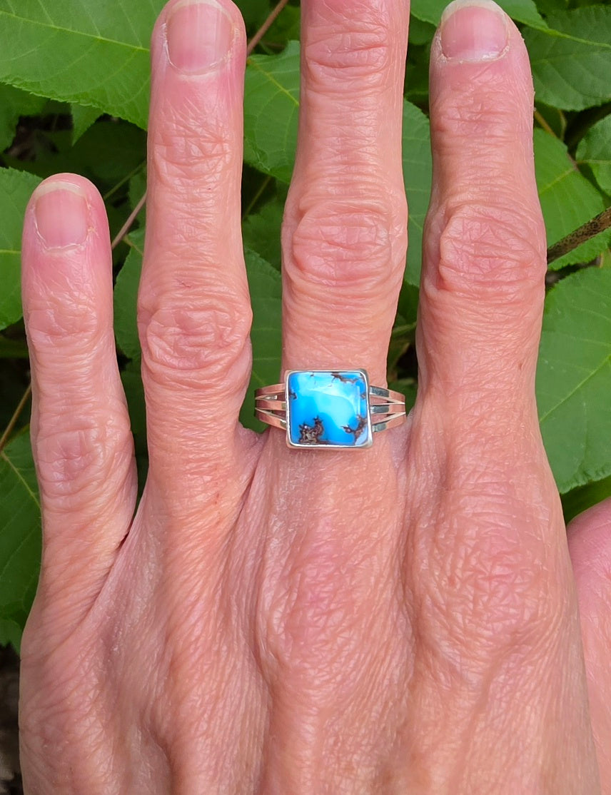 Golden Hills Turquoise Square Ring Triple Split Shank in Solid Sterling Silver. Size 9