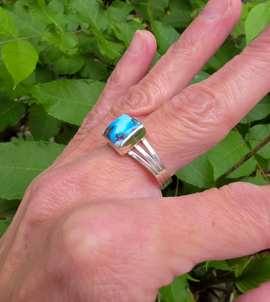 Golden Hills Turquoise Square Ring Triple Split Shank in Solid Sterling Silver. Size 9