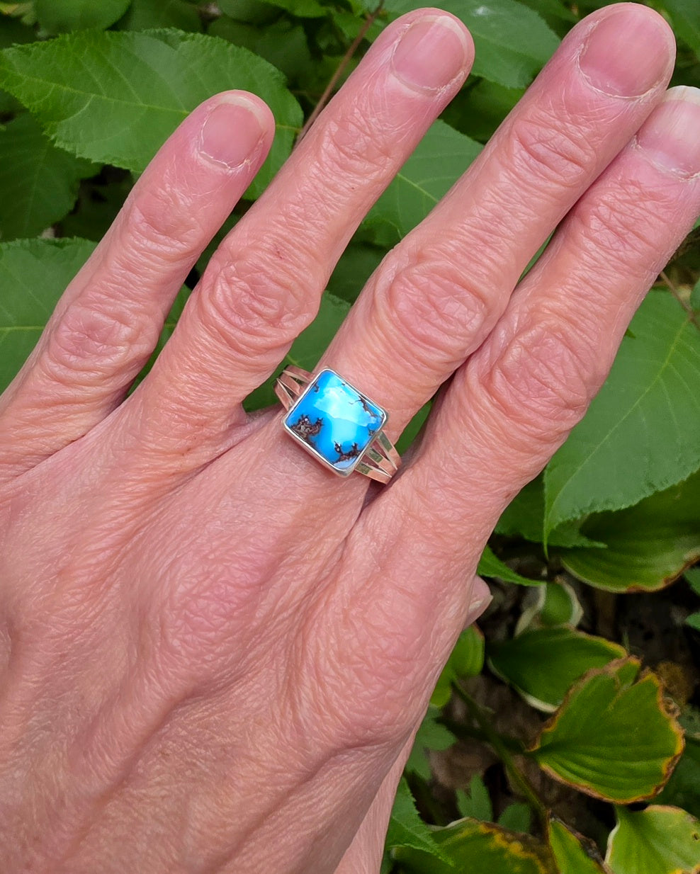 Golden Hills Turquoise Square Ring Triple Split Shank in Solid Sterling Silver. Size 9