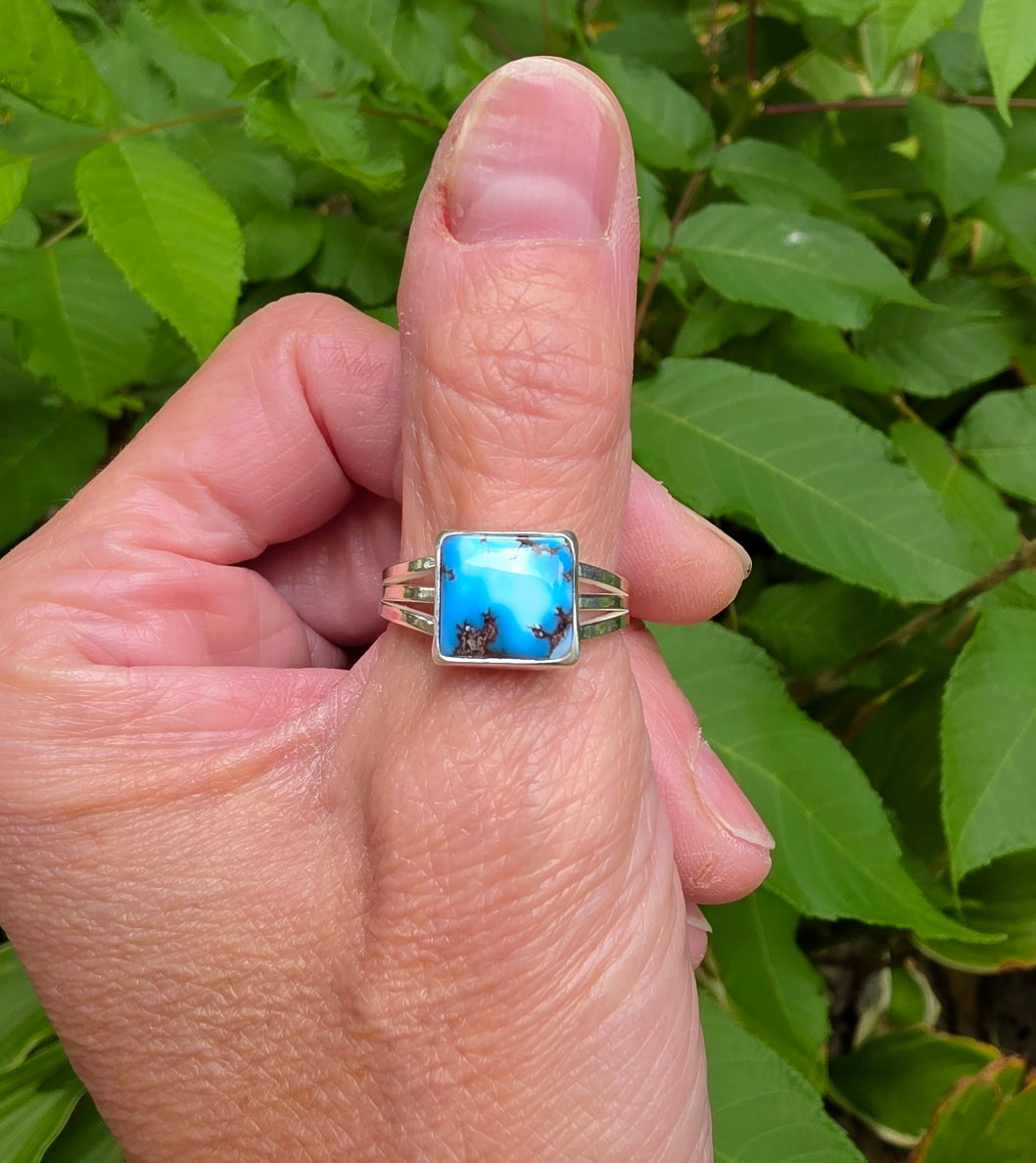 Golden Hills Turquoise Square Ring Triple Split Shank in Solid Sterling Silver. Size 9