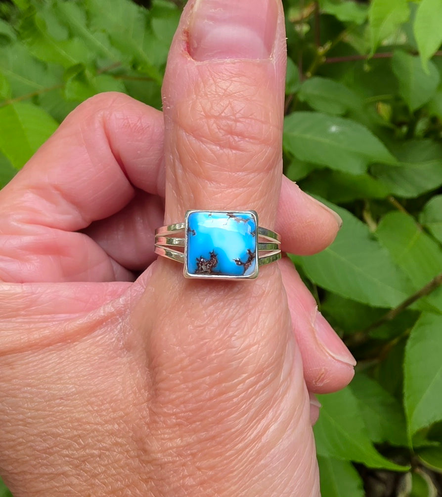 Golden Hills Turquoise Square Ring Triple Split Shank in Solid Sterling Silver. Size 9