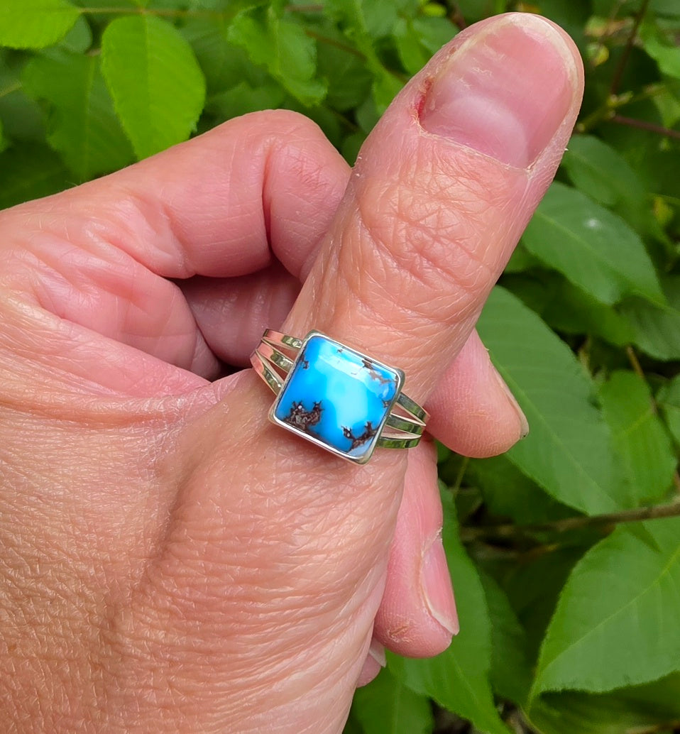 Golden Hills Turquoise Square Ring Triple Split Shank in Solid Sterling Silver. Size 9