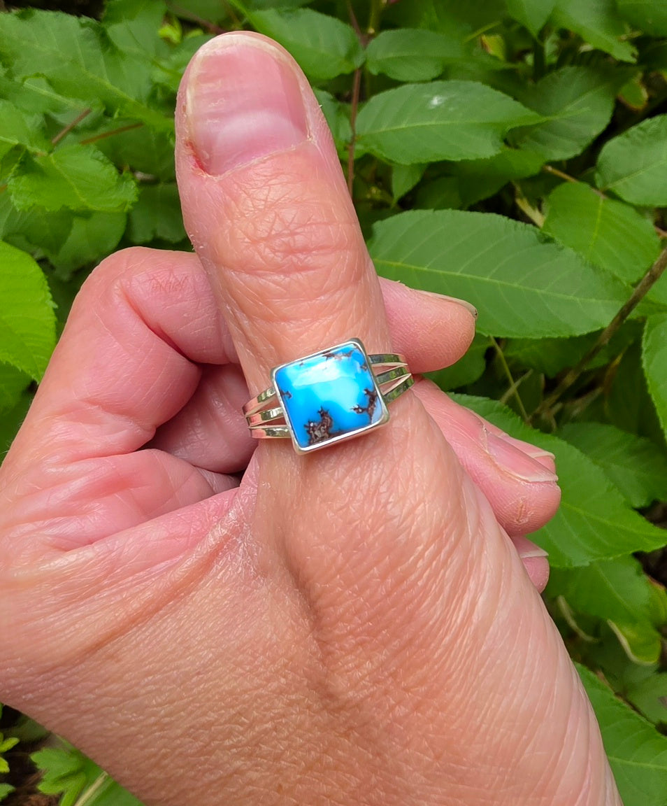 Golden Hills Turquoise Square Ring Triple Split Shank in Solid Sterling Silver. Size 9