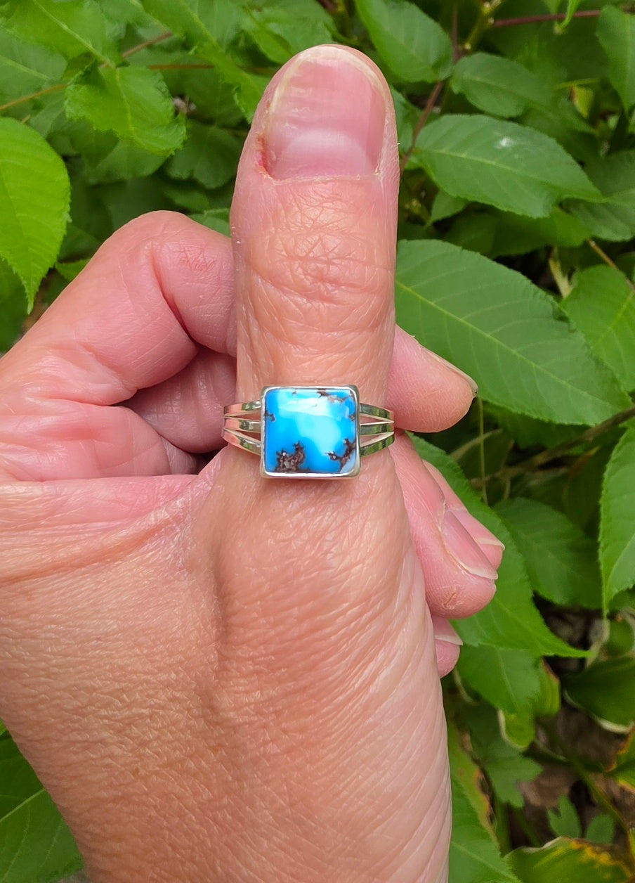 Golden Hills Turquoise Square Ring Triple Split Shank in Solid Sterling Silver. Size 9