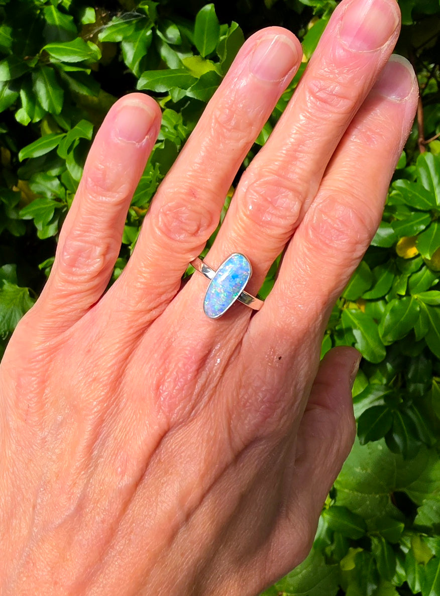 Australian Opal Statement Ring in Solid Sterling Silver. Size 8