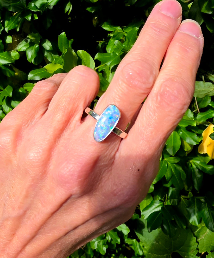 Australian Opal Statement Ring in Solid Sterling Silver. Size 8
