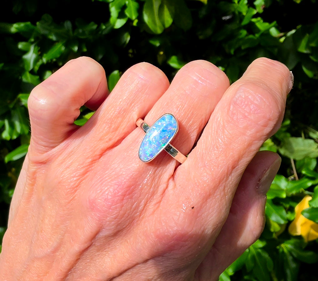 Australian Opal Statement Ring in Solid Sterling Silver. Size 8