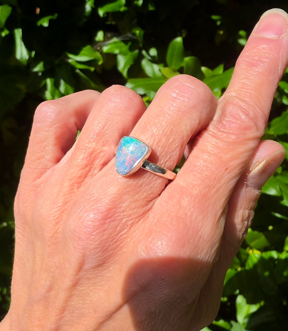 Australian Opal Triangular Statement Ring In Solid Sterling Silver. Size 6.75