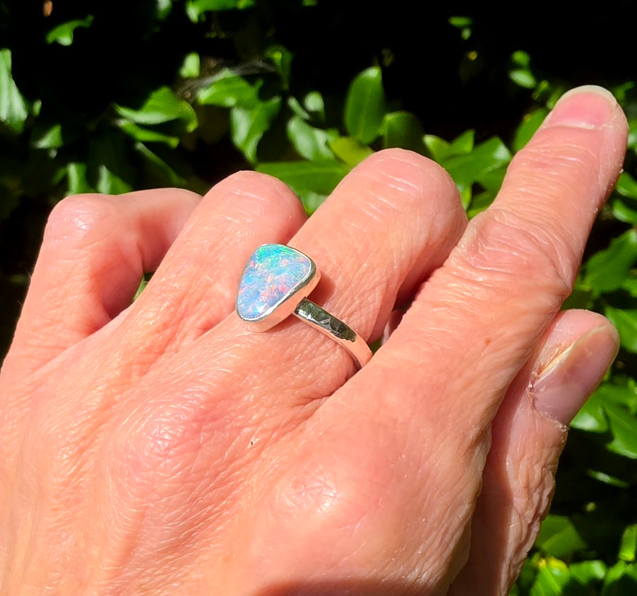 Australian Opal Triangular Statement Ring In Solid Sterling Silver. Size 6.75