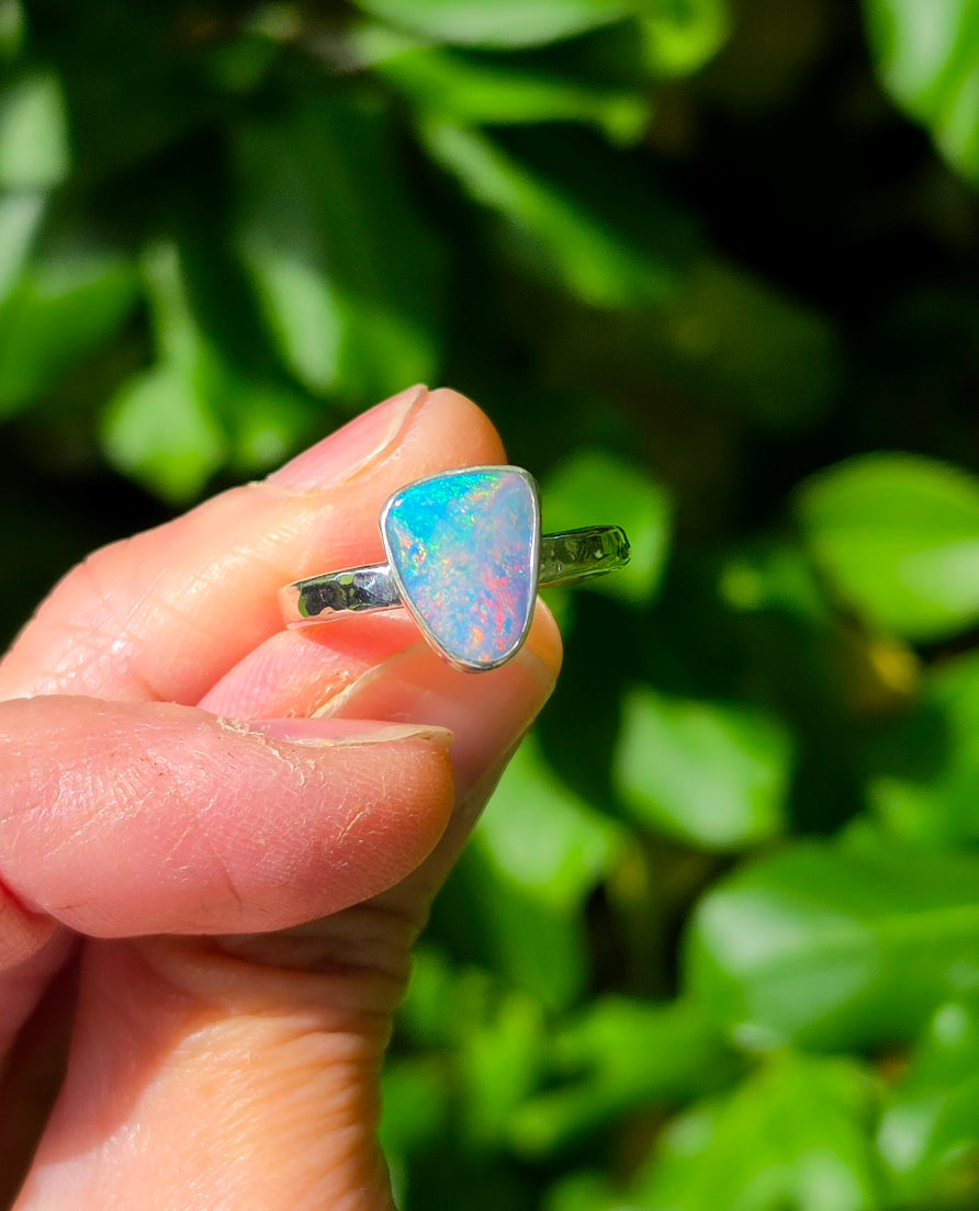 Australian Opal Triangular Statement Ring In Solid Sterling Silver. Size 6.75