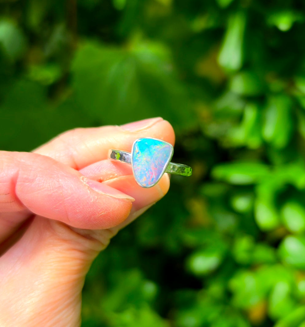 Australian Opal Triangular Statement Ring In Solid Sterling Silver. Size 6.75