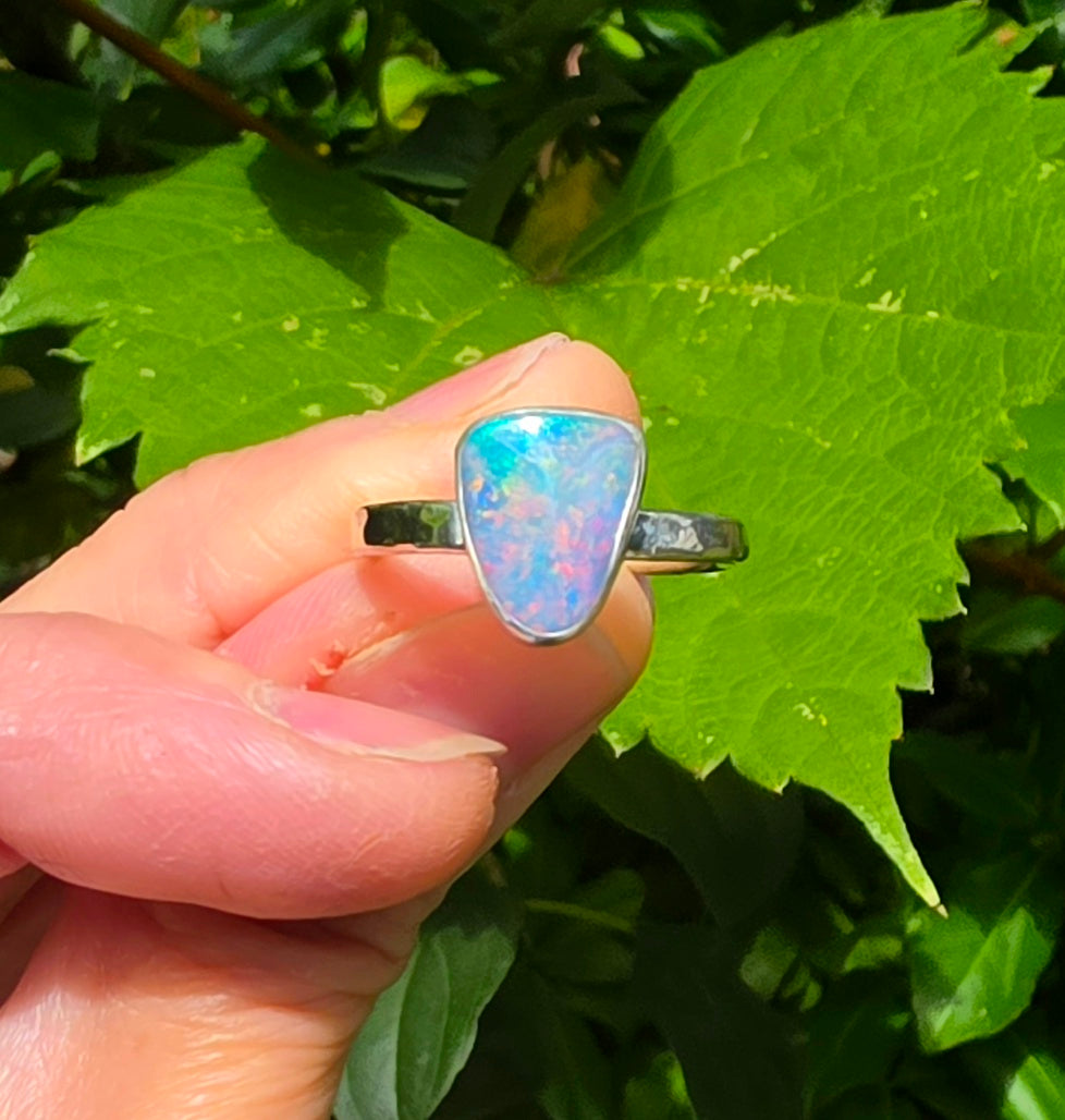 Australian Opal Triangular Statement Ring In Solid Sterling Silver. Size 6.75