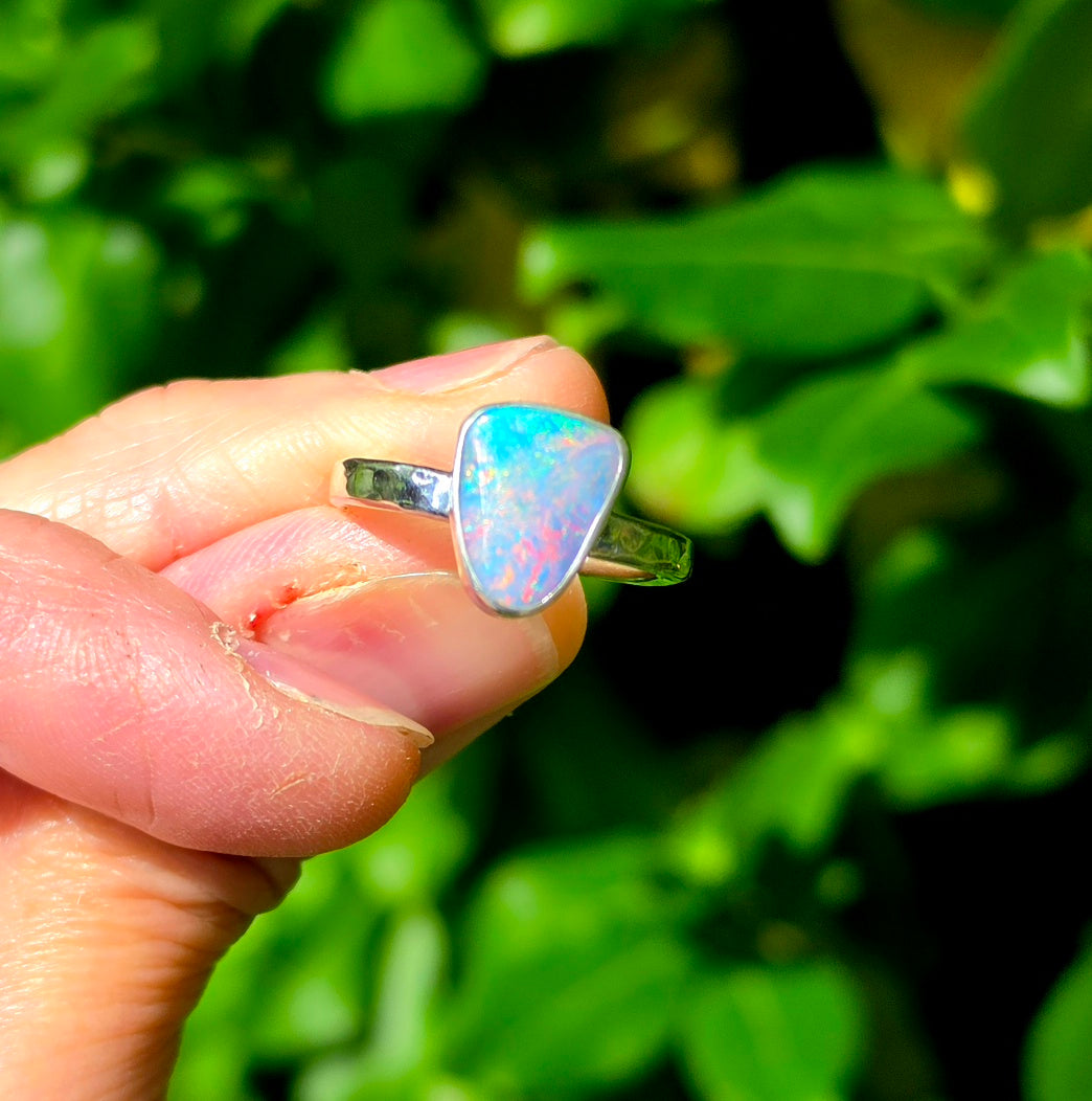 Australian Opal Triangular Statement Ring In Solid Sterling Silver. Size 6.75