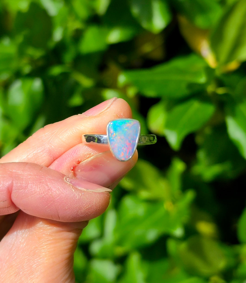 Australian Opal Triangular Statement Ring In Solid Sterling Silver. Size 6.75