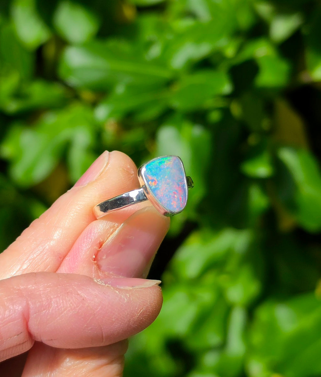 Australian Opal Triangular Statement Ring In Solid Sterling Silver. Size 6.75