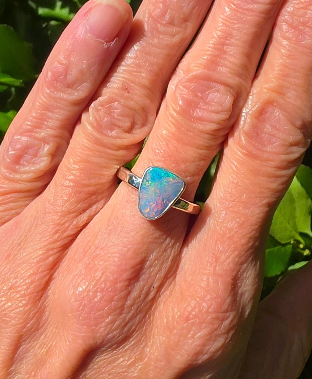 Australian Opal Triangular Statement Ring In Solid Sterling Silver. Size 6.75